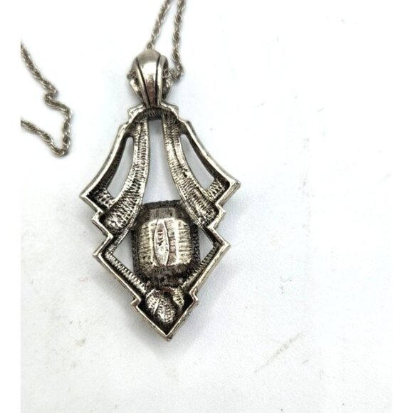 Silver Tone Art Deco Pendant Purple Center Stone With Marcasite Accents - Picture 3 of 4